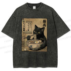 Unisex Kawaii Ramen Cat Vintage Printed Washed Tee