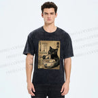 Unisex Kawaii Ramen Cat Vintage Printed Washed Tee