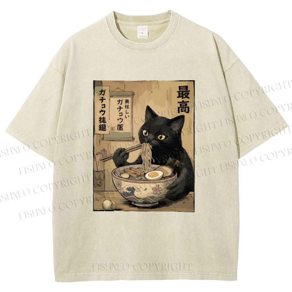 Unisex Kawaii Ramen Cat Vintage Printed Washed Tee