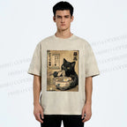 Unisex Kawaii Ramen Cat Vintage Printed Washed Tee