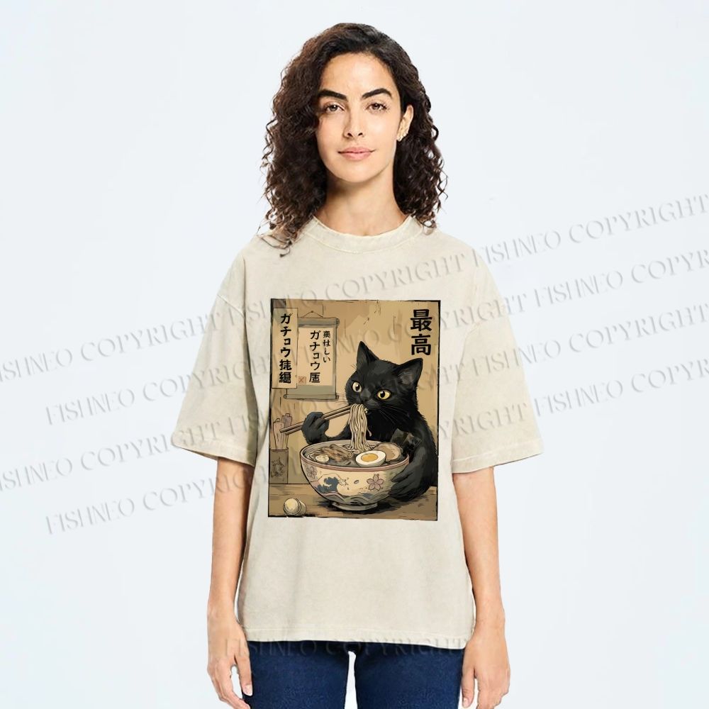 Unisex Kawaii Ramen Cat Vintage Printed Washed Tee