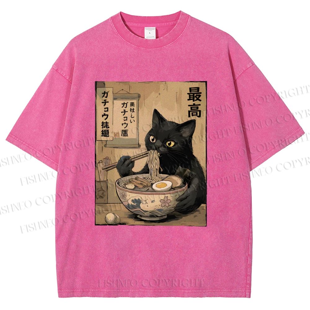Unisex Kawaii Ramen Cat Vintage Printed Washed Tee