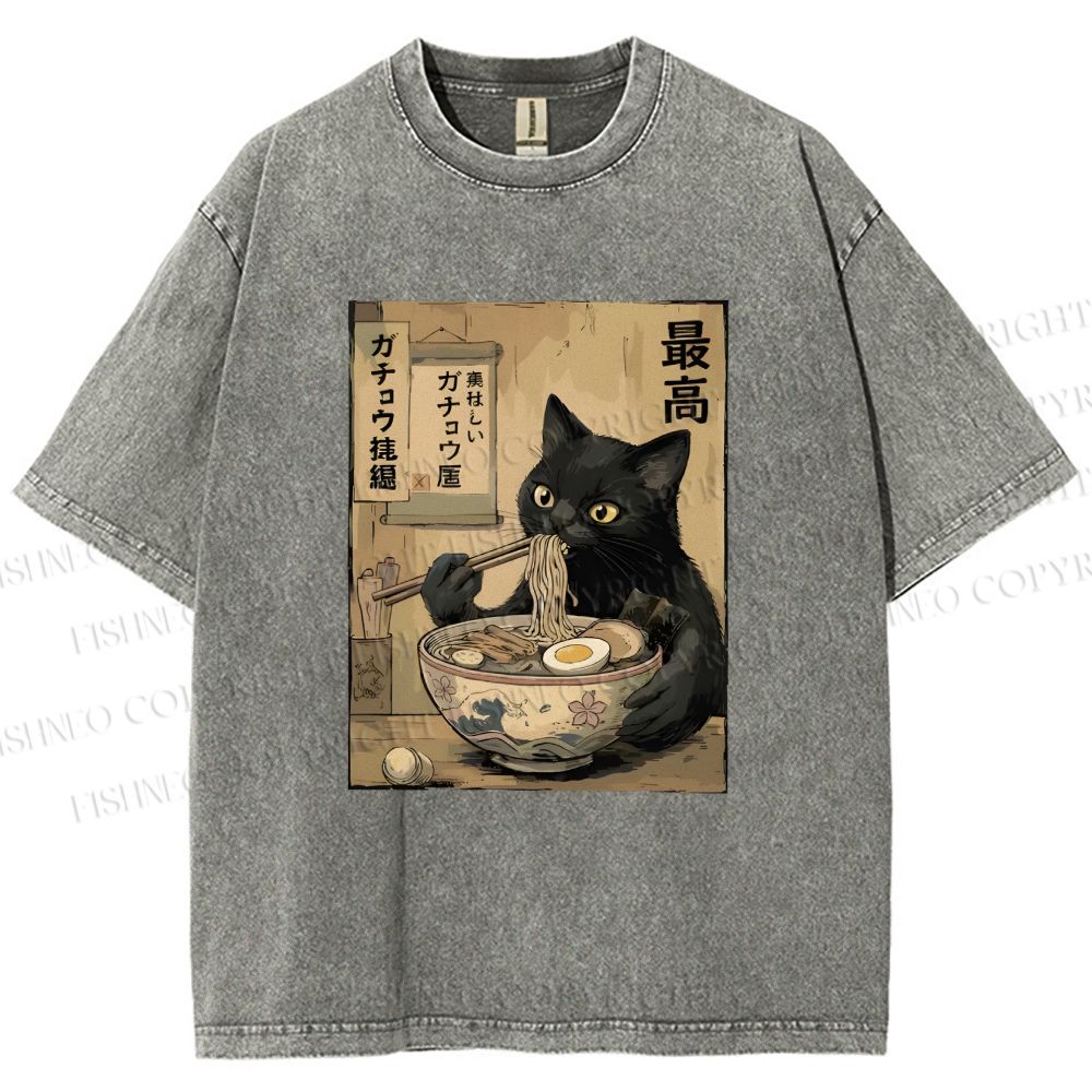 Unisex Kawaii Ramen Cat Vintage Printed Washed Tee