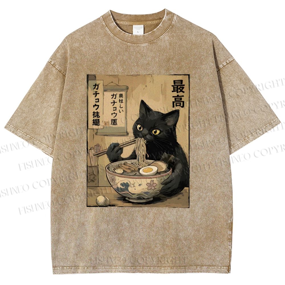 Unisex Kawaii Ramen Cat Vintage Printed Washed Tee