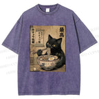 Unisex Kawaii Ramen Cat Vintage Printed Washed Tee