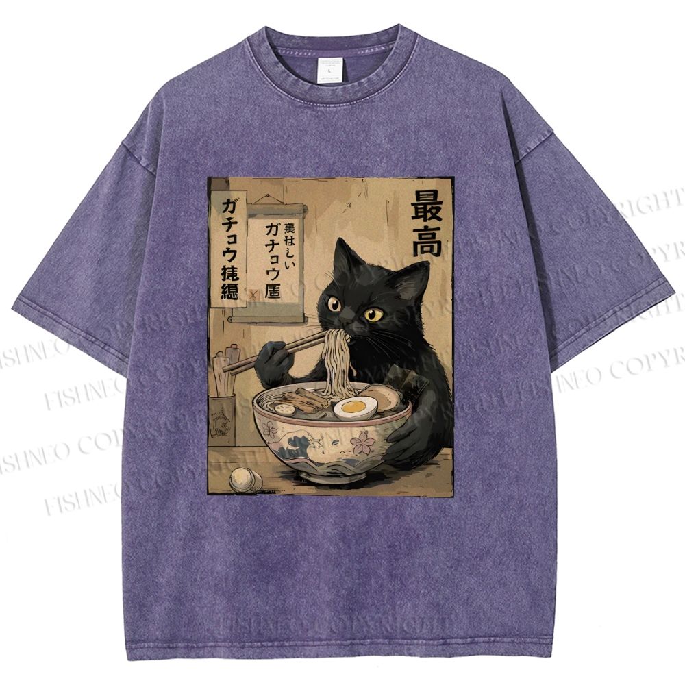 Unisex Kawaii Ramen Cat Vintage Printed Washed Tee