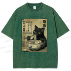 Unisex Kawaii Ramen Cat Vintage Printed Washed Tee
