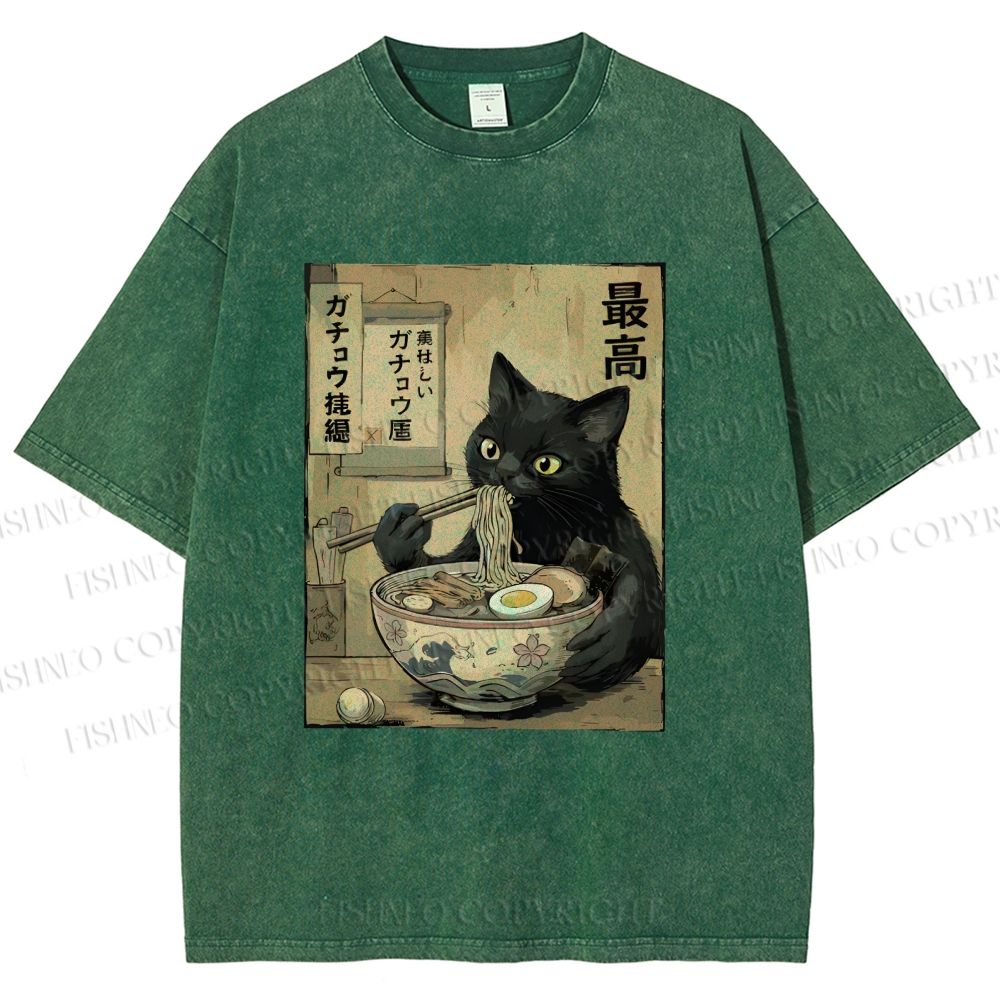 Unisex Kawaii Ramen Cat Vintage Printed Washed Tee