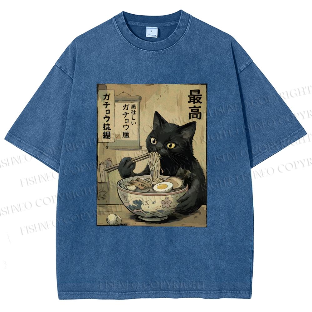 Unisex Kawaii Ramen Cat Vintage Printed Washed Tee
