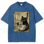 Unisex Kawaii Ramen Cat Vintage Printed Washed Tee
