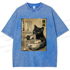 Unisex Kawaii Ramen Cat Vintage Printed Washed Tee