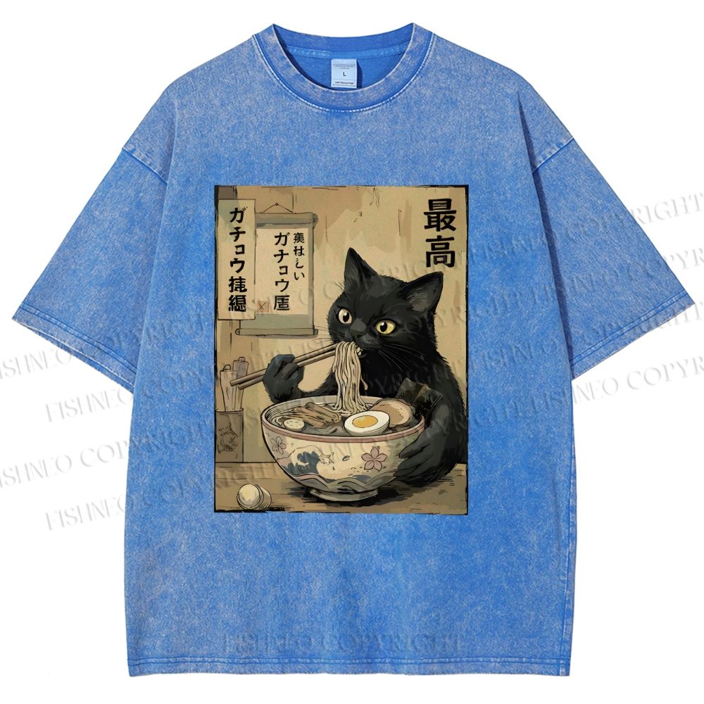 Unisex Kawaii Ramen Cat Vintage Printed Washed Tee
