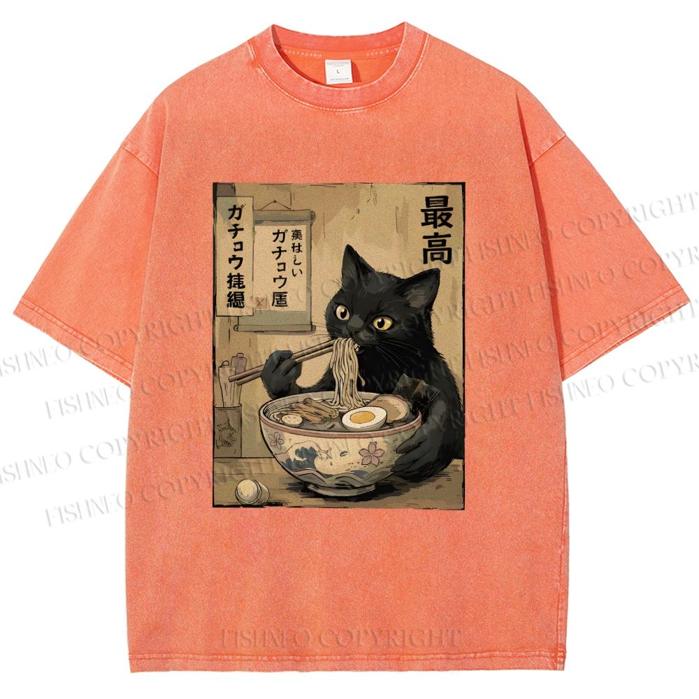 Unisex Kawaii Ramen Cat Vintage Printed Washed Tee