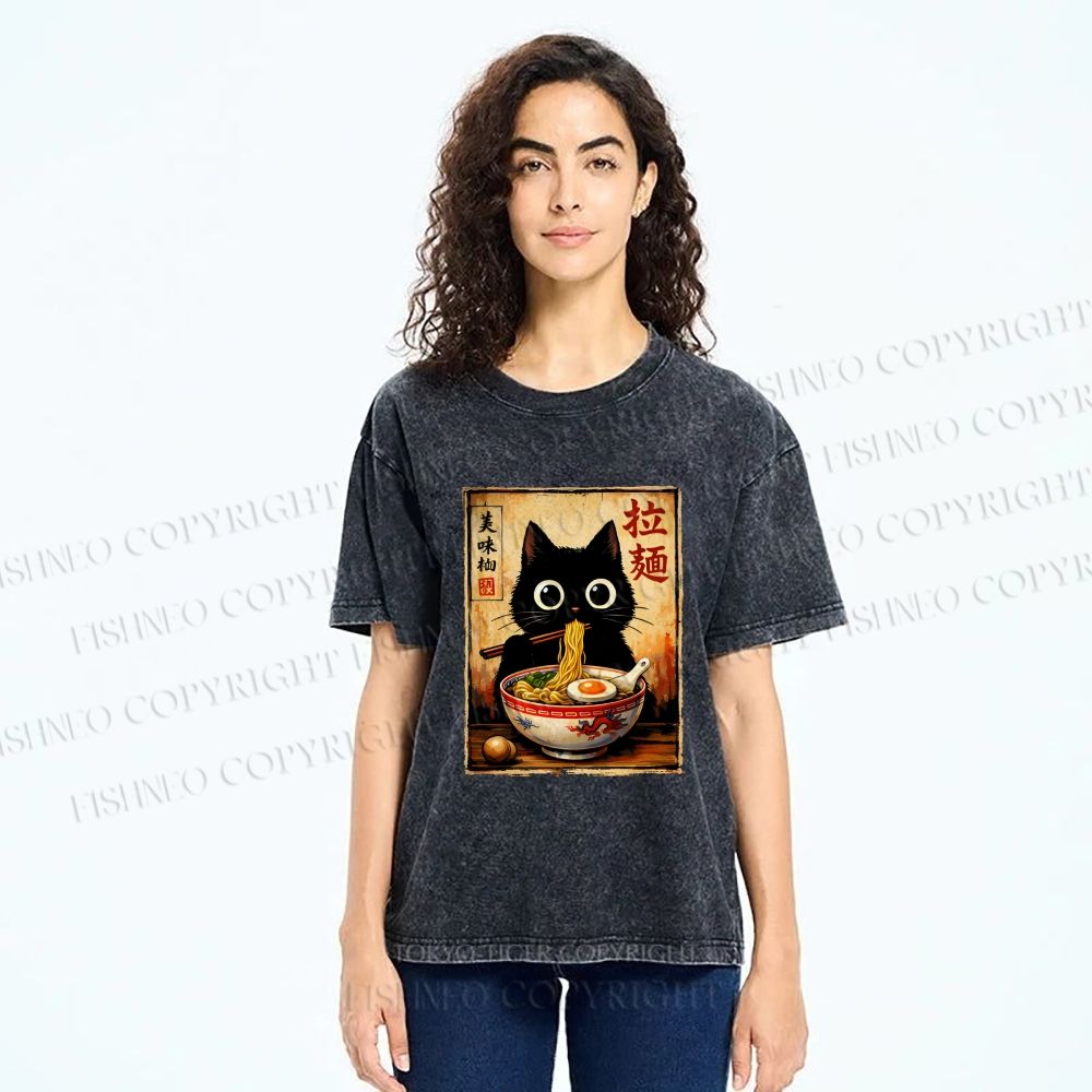 Unisex Kawaii Ramen Cat Printed Washed Tee