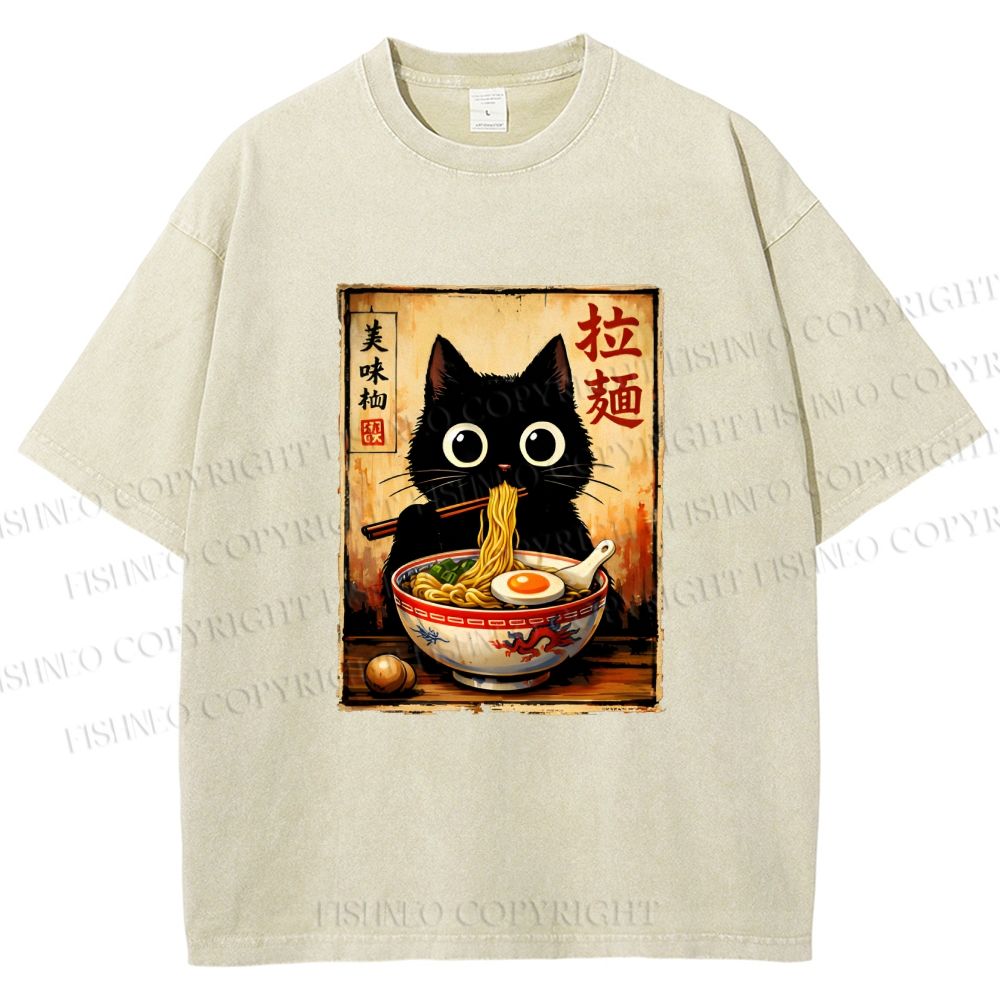 Unisex Kawaii Ramen Cat Printed Washed Tee