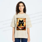 Unisex Kawaii Ramen Cat Printed Washed Tee