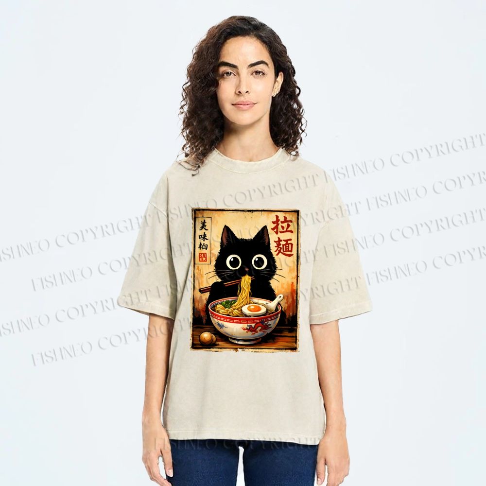 Unisex Kawaii Ramen Cat Printed Washed Tee