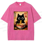 Unisex Kawaii Ramen Cat Printed Washed Tee