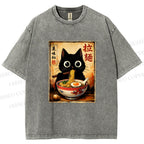 Unisex Kawaii Ramen Cat Printed Washed Tee