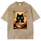 Unisex Kawaii Ramen Cat Printed Washed Tee