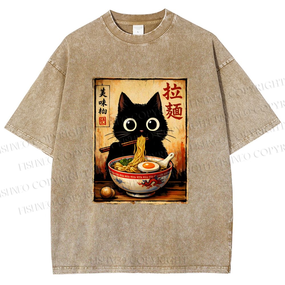 Unisex Kawaii Ramen Cat Printed Washed Tee