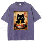 Unisex Kawaii Ramen Cat Printed Washed Tee