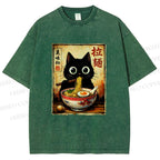 Unisex Kawaii Ramen Cat Printed Washed Tee