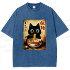 Unisex Kawaii Ramen Cat Printed Washed Tee