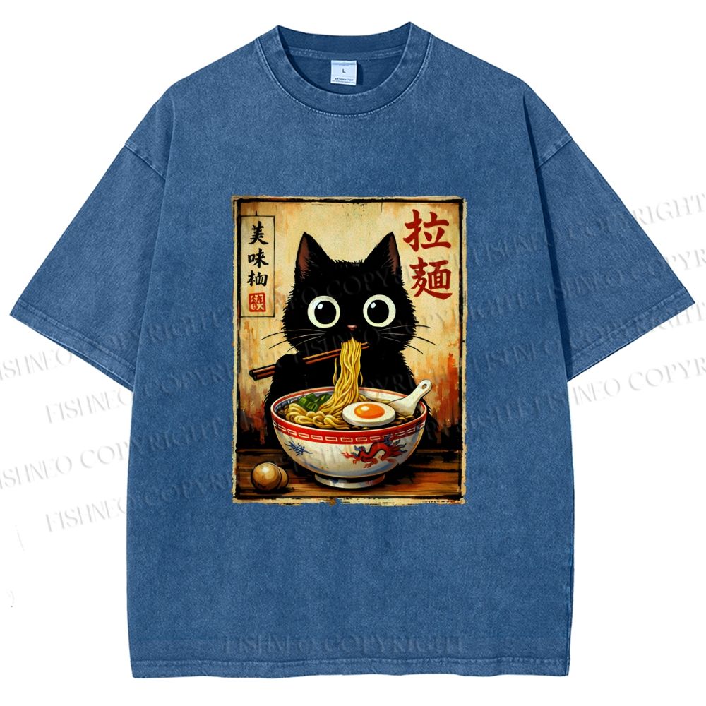 Unisex Kawaii Ramen Cat Printed Washed Tee