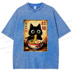 Unisex Kawaii Ramen Cat Printed Washed Tee