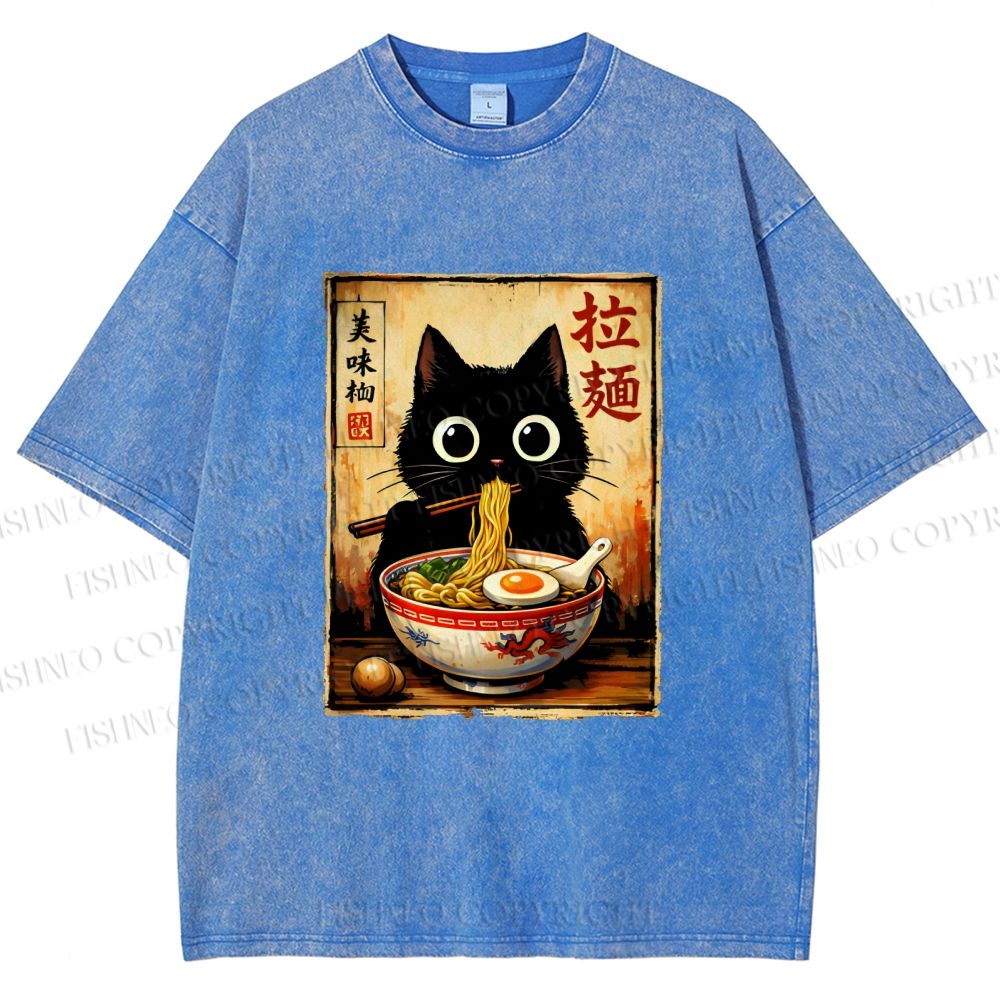 Unisex Kawaii Ramen Cat Printed Washed Tee