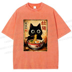 Unisex Kawaii Ramen Cat Printed Washed Tee