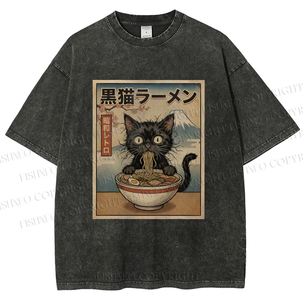 Unisex Vintage Kawaii Anime Black Cat Eating Ramen Printed Washed Tee