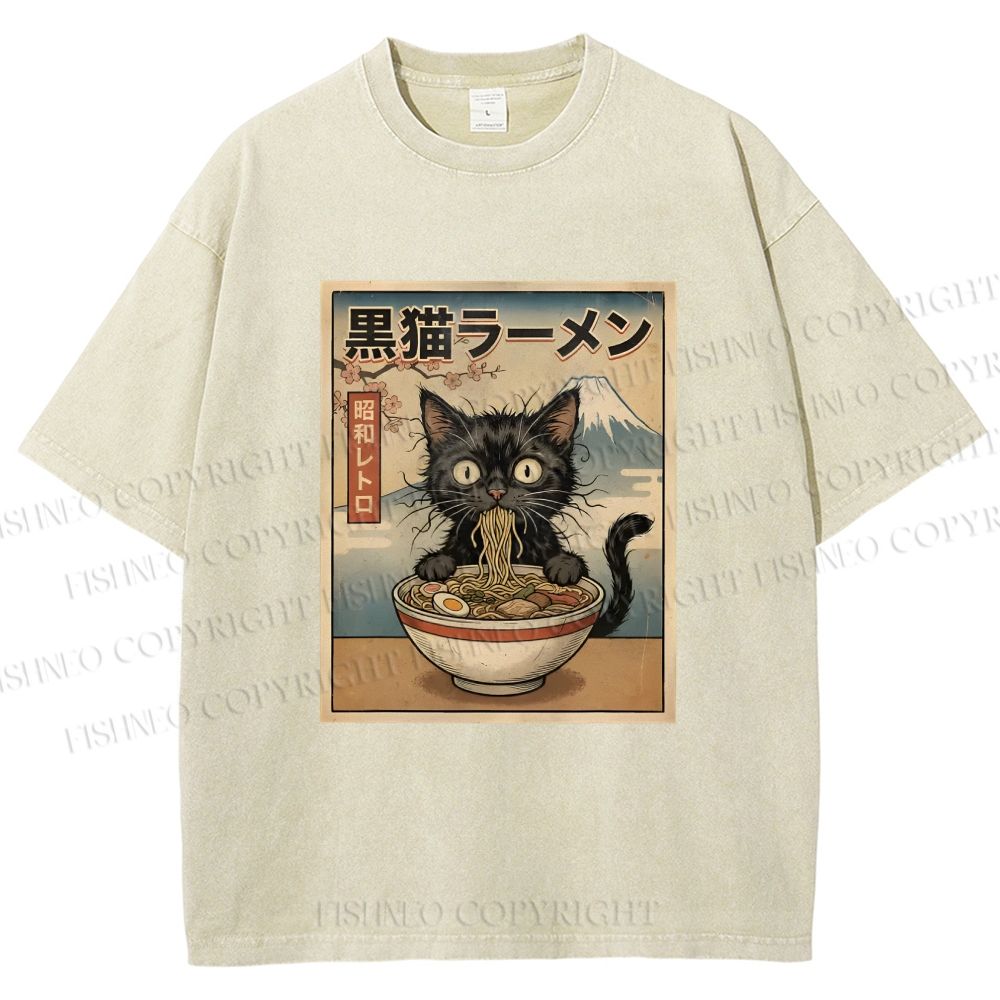 Unisex Vintage Kawaii Anime Black Cat Eating Ramen Printed Washed Tee