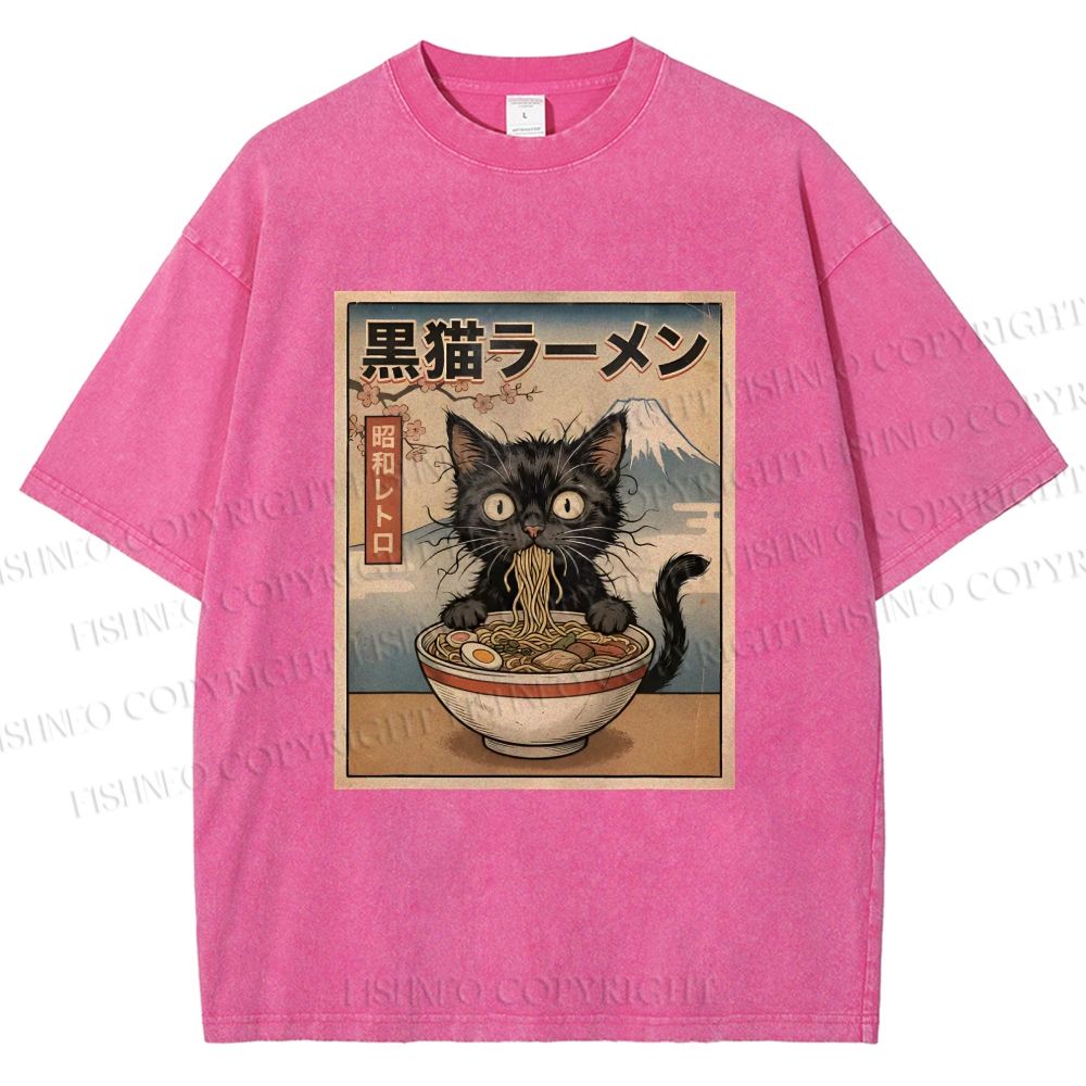 Unisex Vintage Kawaii Anime Black Cat Eating Ramen Printed Washed Tee
