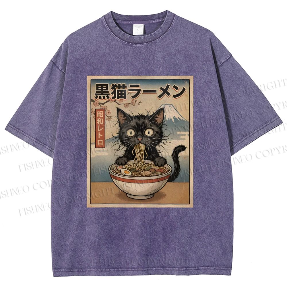 Unisex Vintage Kawaii Anime Black Cat Eating Ramen Printed Washed Tee