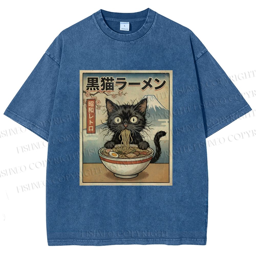 Unisex Vintage Kawaii Anime Black Cat Eating Ramen Printed Washed Tee
