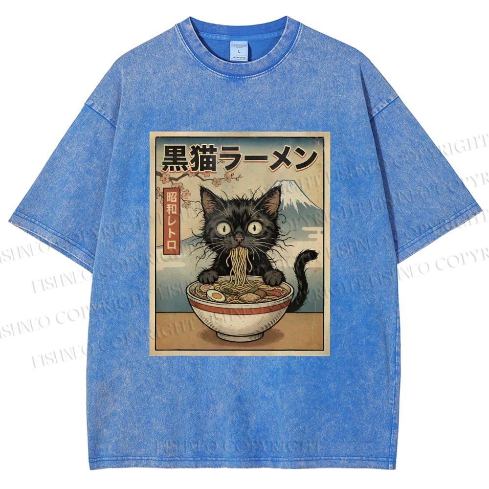 Unisex Vintage Kawaii Anime Black Cat Eating Ramen Printed Washed Tee