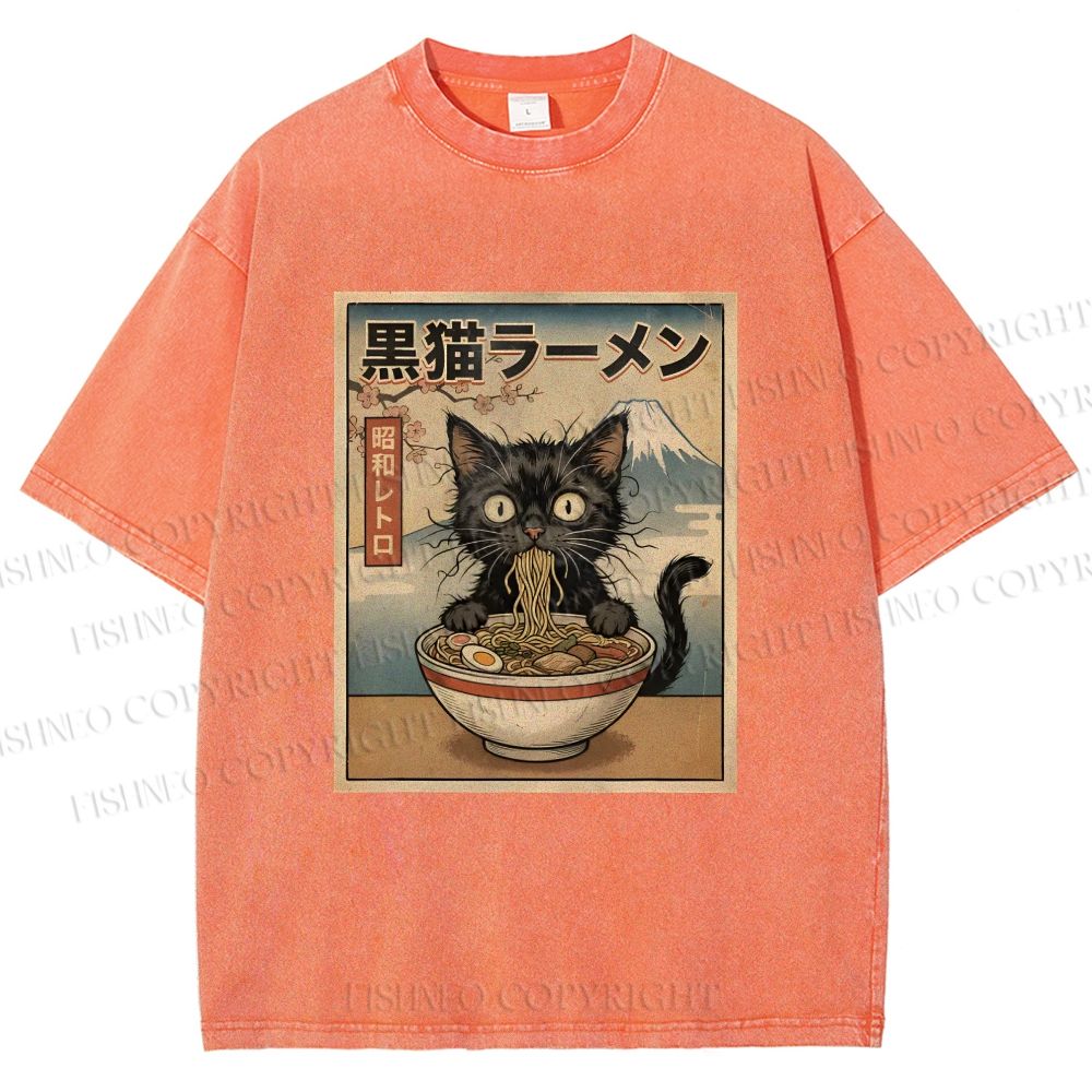 Unisex Vintage Kawaii Anime Black Cat Eating Ramen Printed Washed Tee