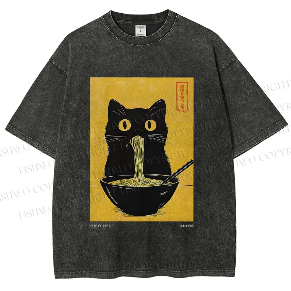 Unisex Ramen Cat Printed Washed Tee