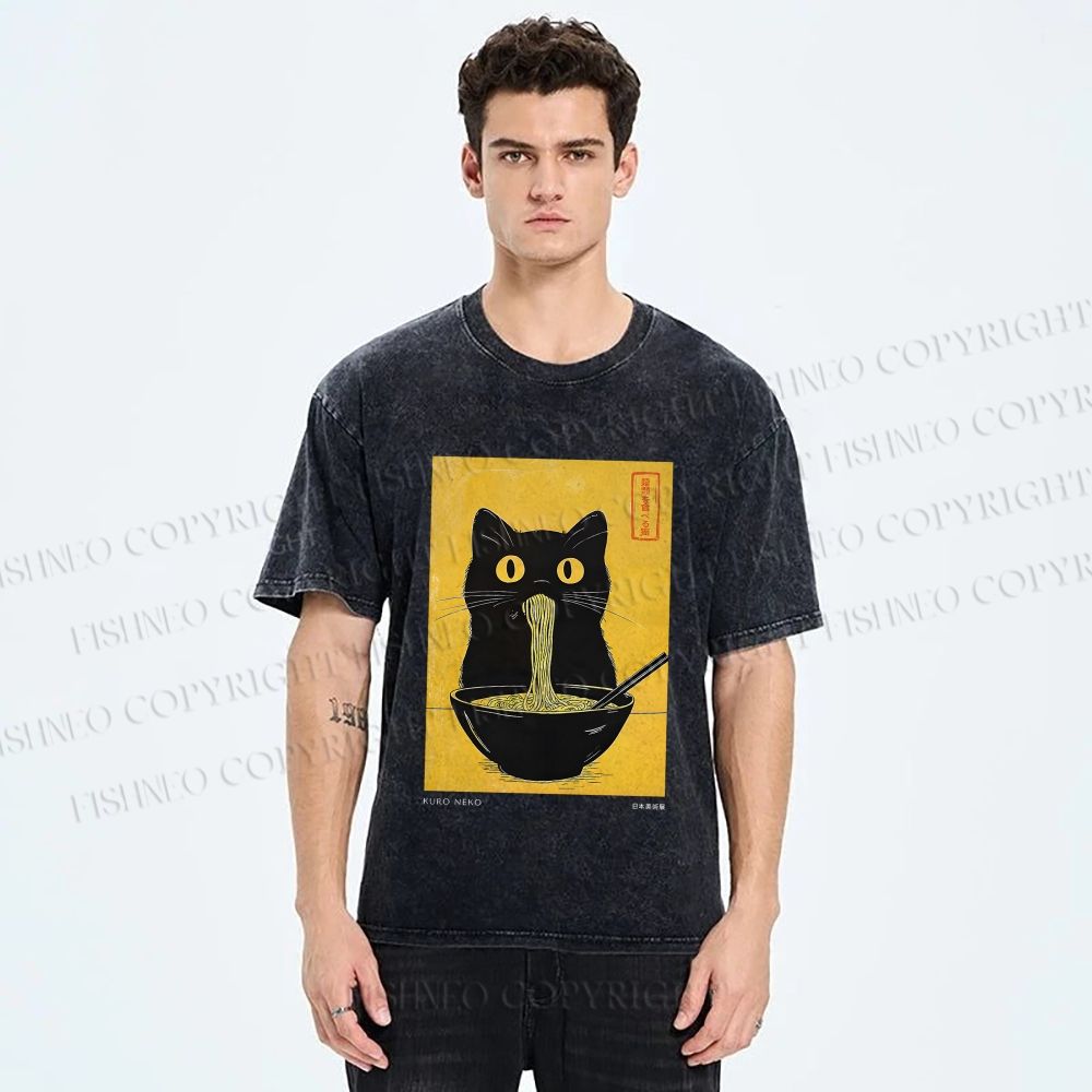 Unisex Ramen Cat Printed Washed Tee