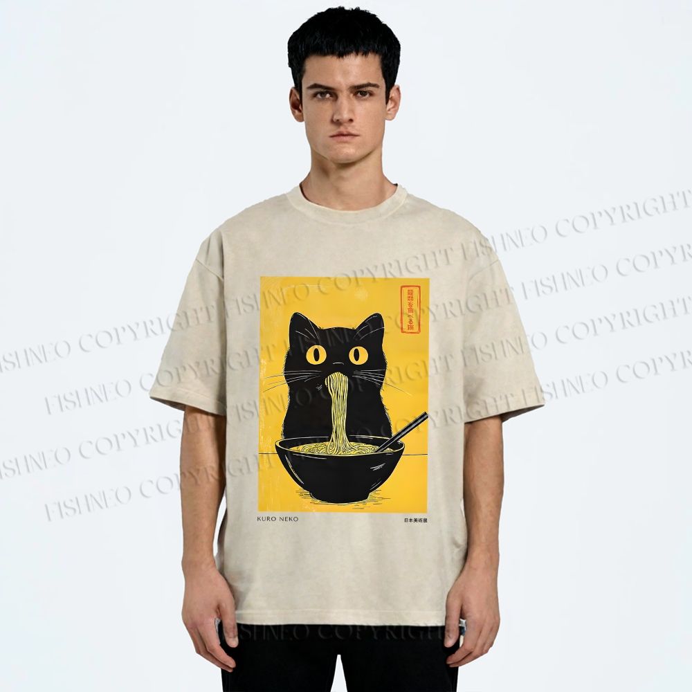 Unisex Ramen Cat Printed Washed Tee