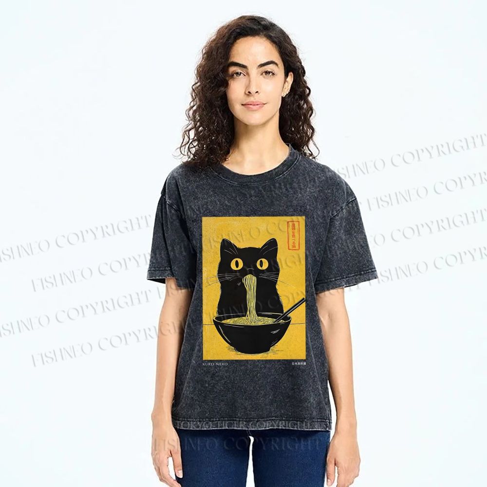 Unisex Ramen Cat Printed Washed Tee