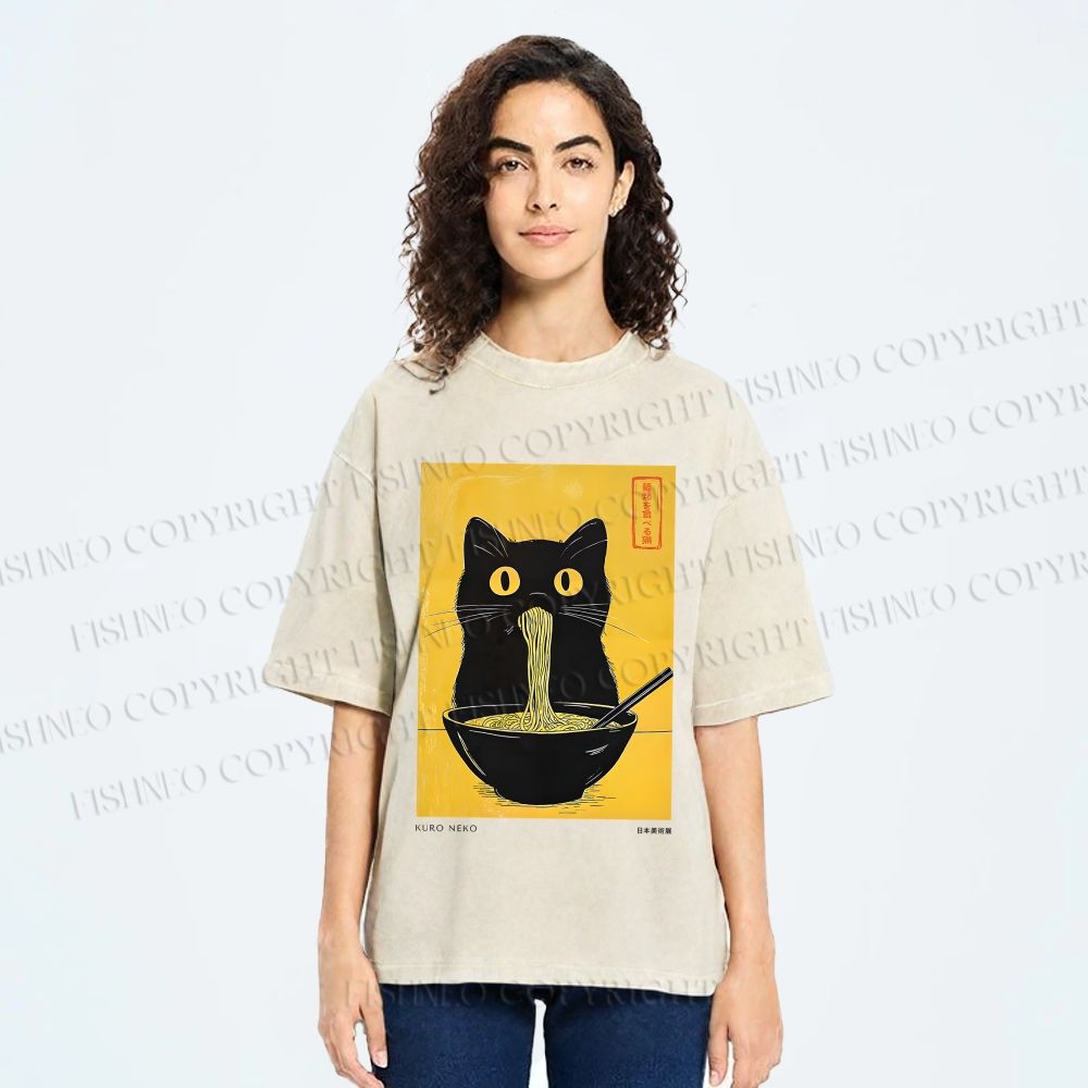Unisex Ramen Cat Printed Washed Tee