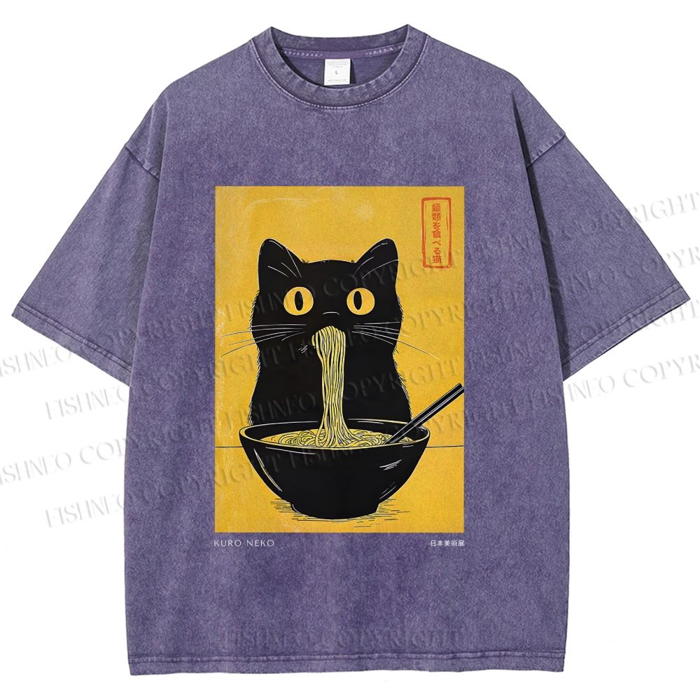 Unisex Ramen Cat Printed Washed Tee