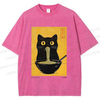 Unisex Ramen Cat Printed Washed Tee
