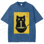 Unisex Ramen Cat Printed Washed Tee
