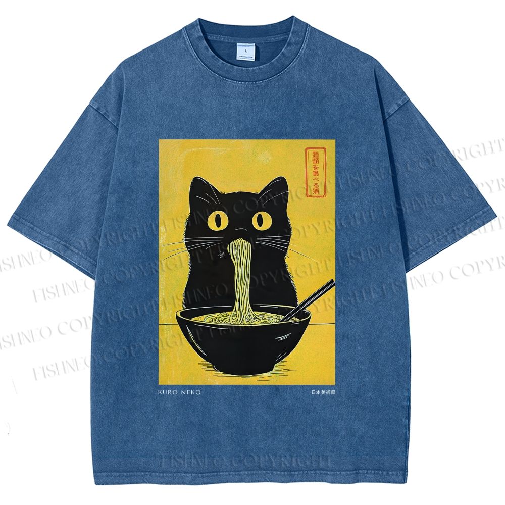 Unisex Ramen Cat Printed Washed Tee