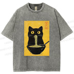 Unisex Ramen Cat Printed Washed Tee