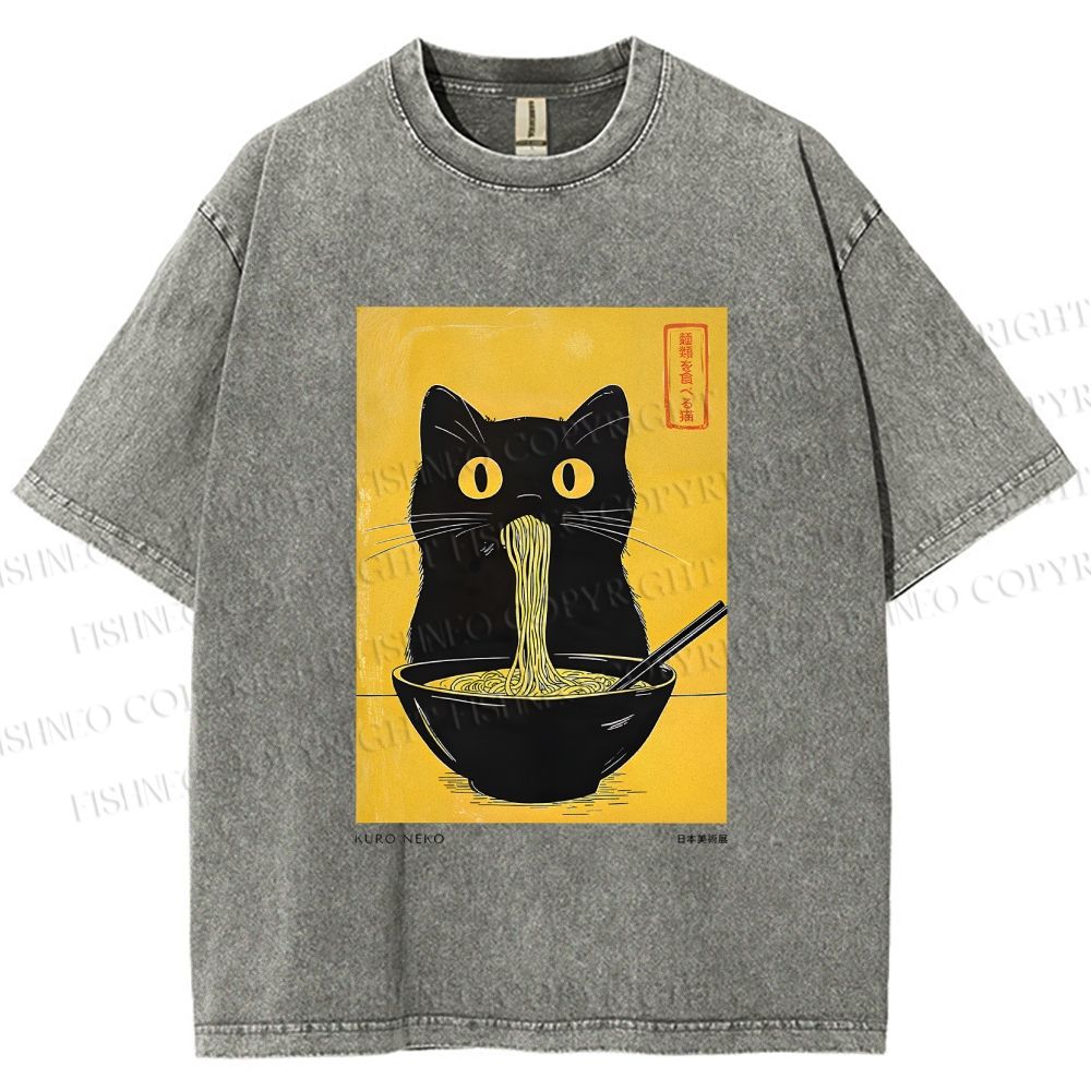 Unisex Ramen Cat Printed Washed Tee
